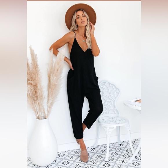 Vici Pants - VICI ANDY COTTON BLEND POCKETED JUMPSUIT - BLACK